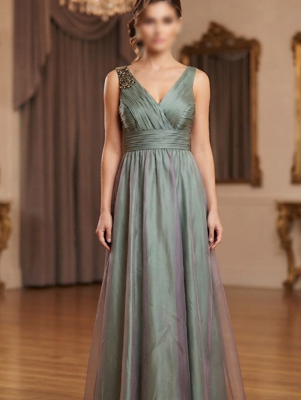 JS Collections Sage Green Iridescent Pleated Evening Gown Size 6 Beaded Shoulder